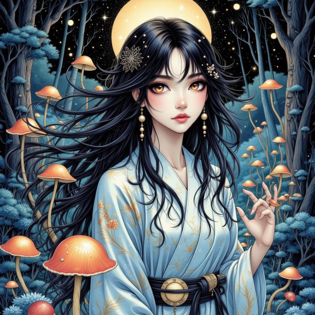 Ethereal Woman Descends into Enchanted Forest