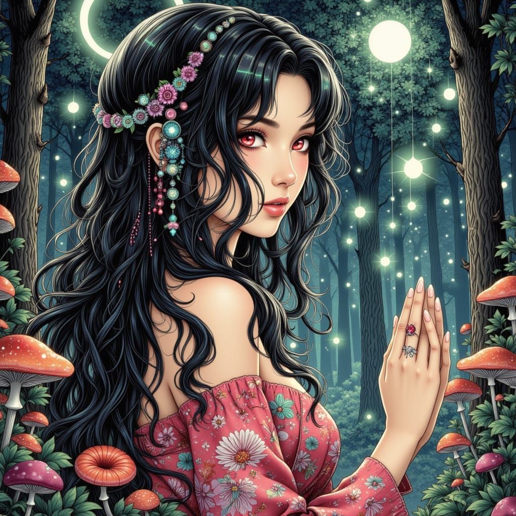 Celestial Woman in Enchanted Forest, Art Nouveau Surrealism