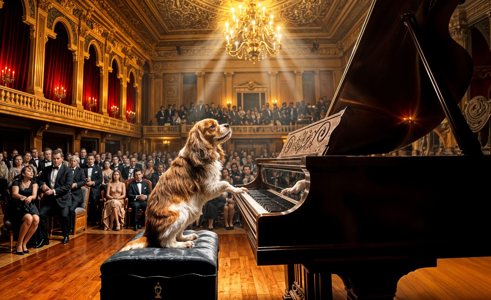 Dog Plays Piano to Captivated Audience in Opulent Concert Ha...