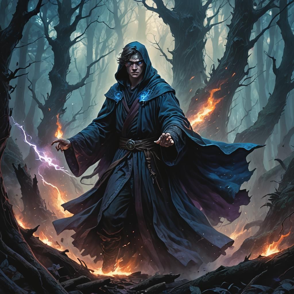 Dark Fantasy Wizard with Immense Power in Mystic Forest