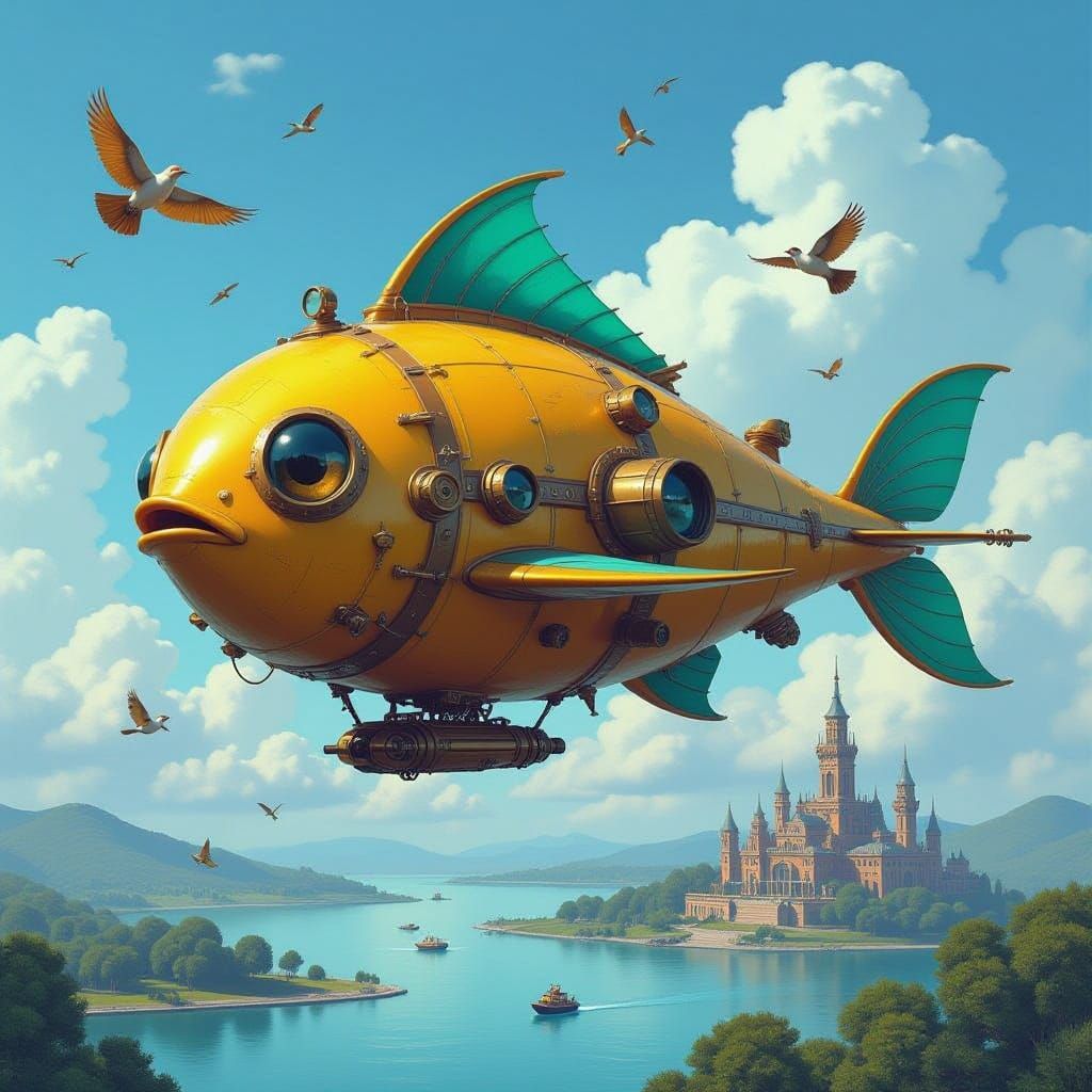 Steampunk Fish-Shaped Airship Soars Above a Serene Landscape