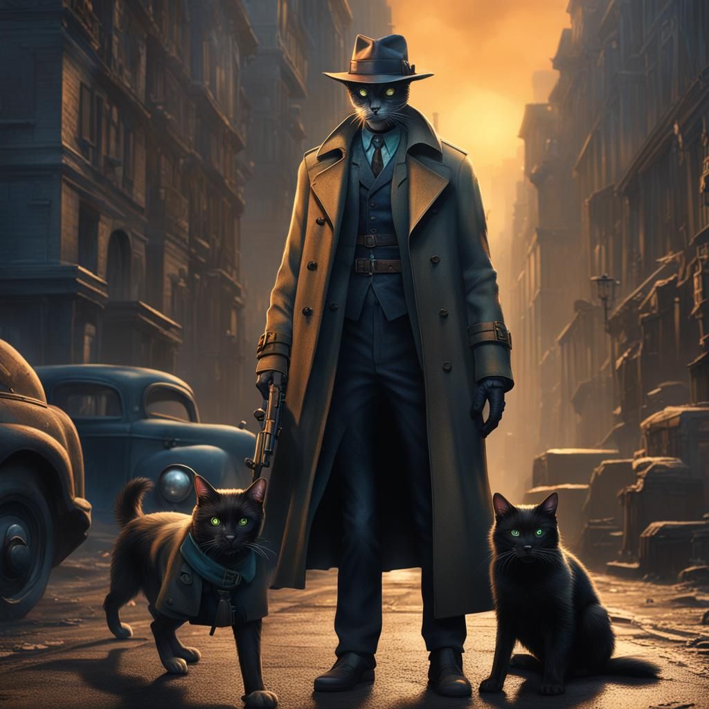 Humanoid Cat Detective in Shadow, Detailed Matte Painting