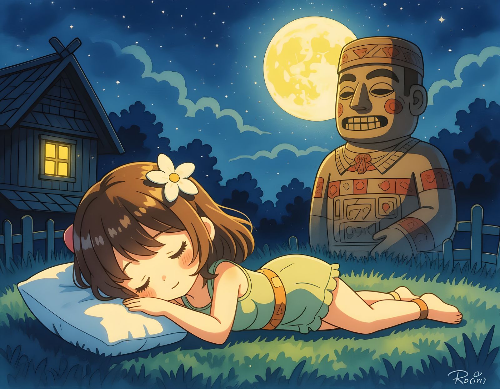 Girl Sleeping with Haniwa in Dark Watercolor Style