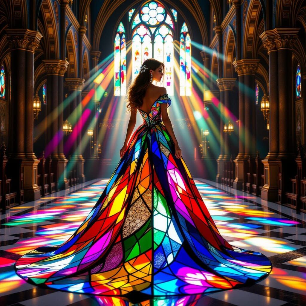 Woman in Luminous Stained Glass Gown in Cathedral