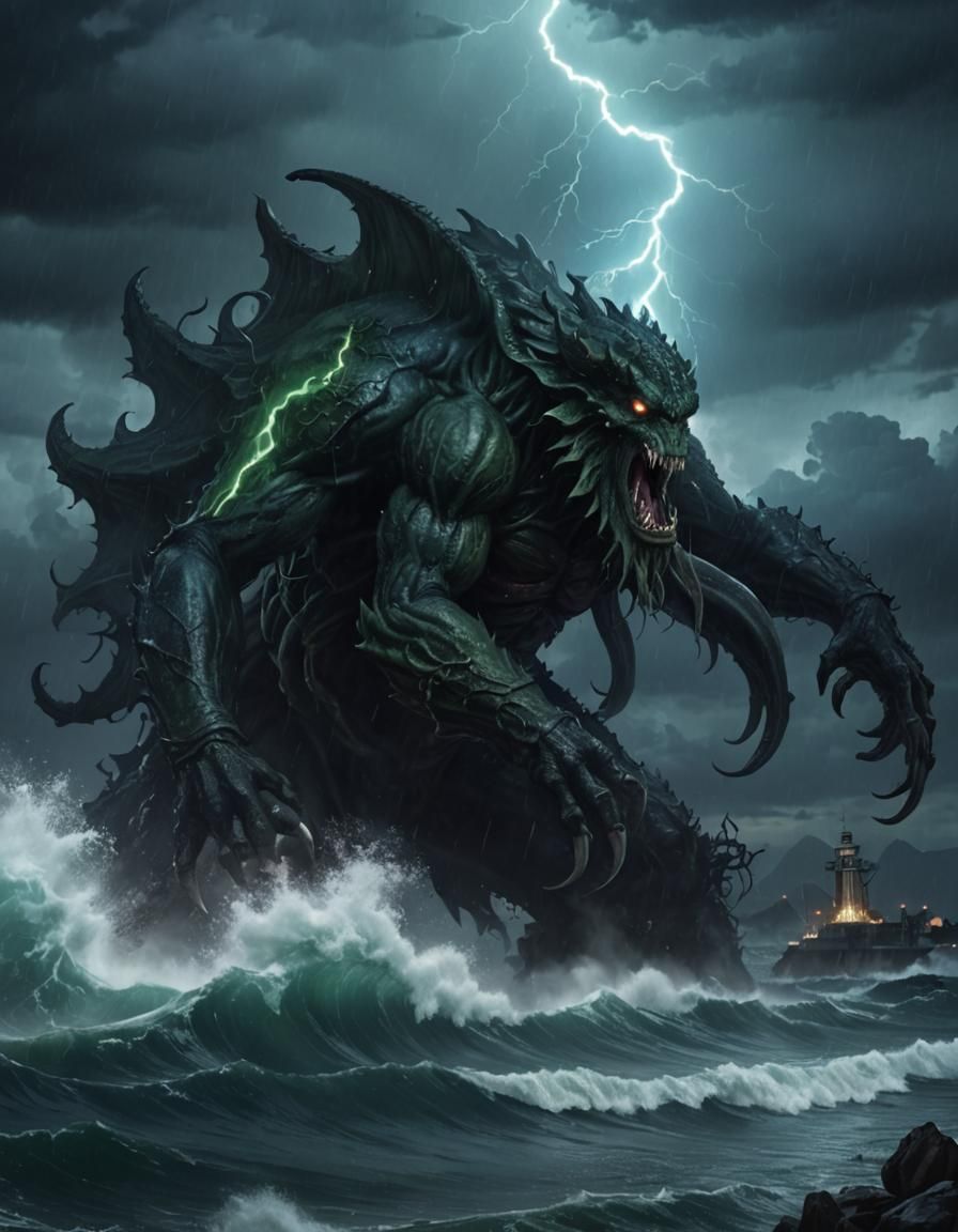 Cthulhu Kaiju Roaring in a Lovecraftian Anime Style