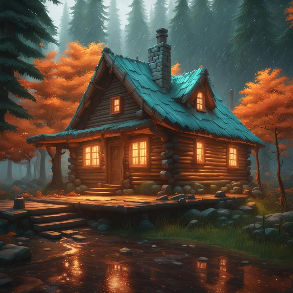 Fairy Tale Log Cabin in Rainy Forest, Hyperdetailed Art