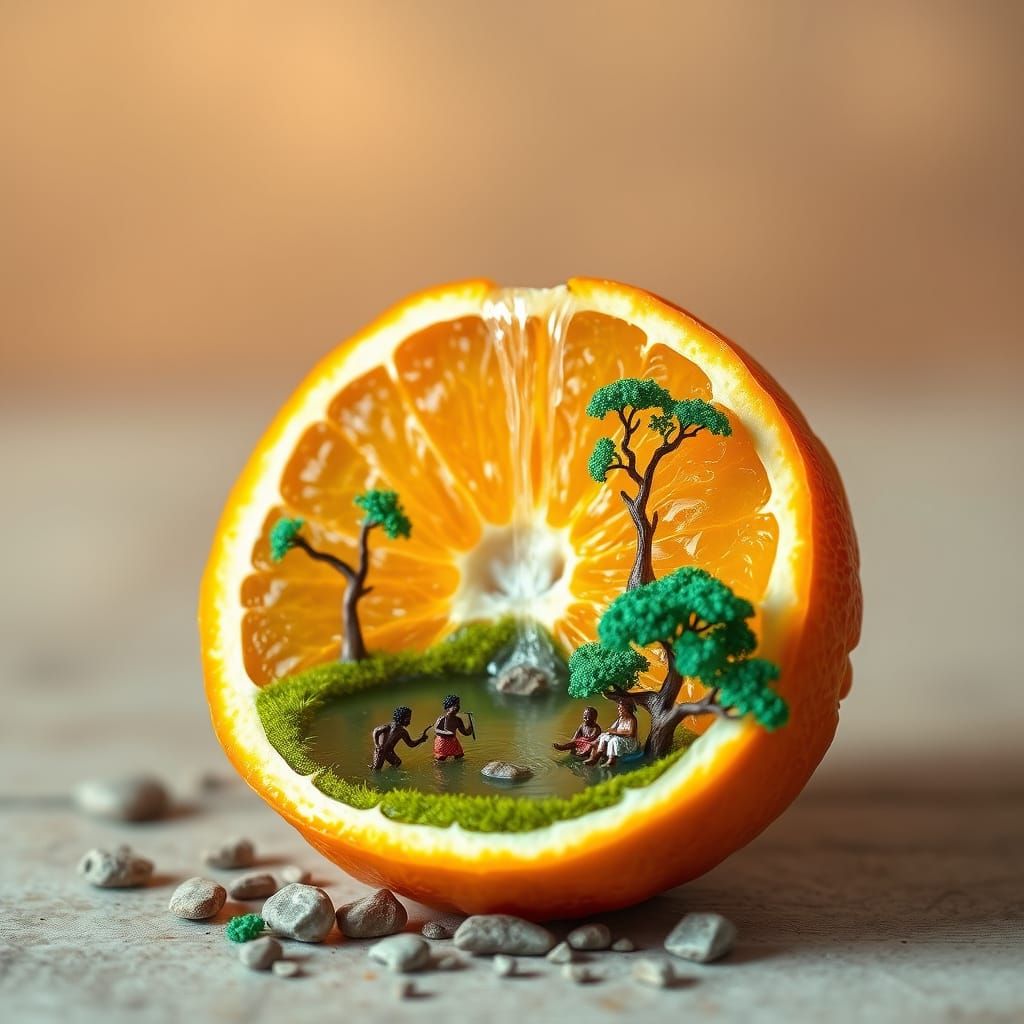 Surreal Orange Landscape with Miniature Figures