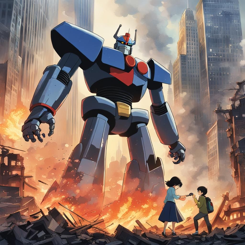 Mazinger Z Battles Robot in Destroyed New York, Anime Key Vi...