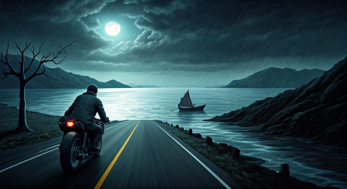 Moonlit Highway Odyssey: A Lone Figure's Desperate Quest