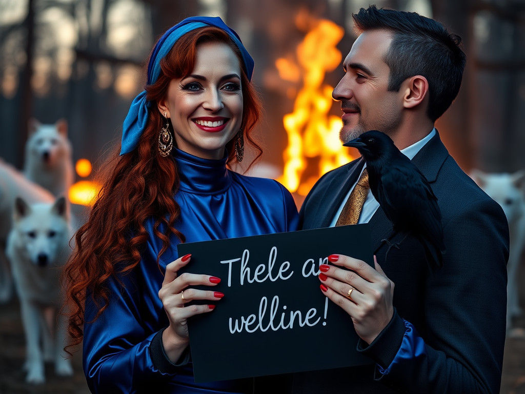 Elegant Woman with Wolves by Campfire Under Evening Sky