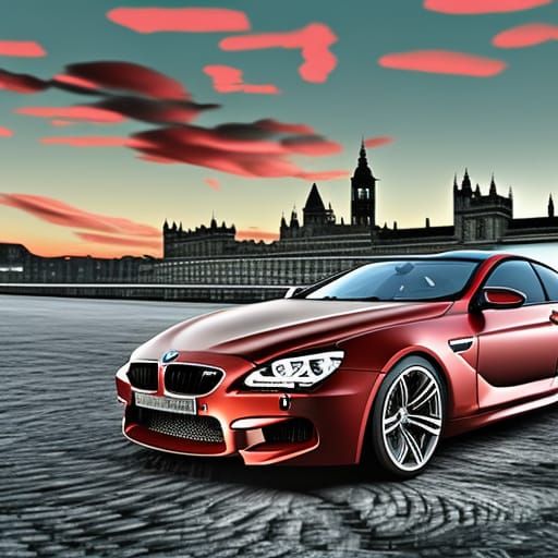 Red BMW M6 at Sunset: Digital Art in Anime Style