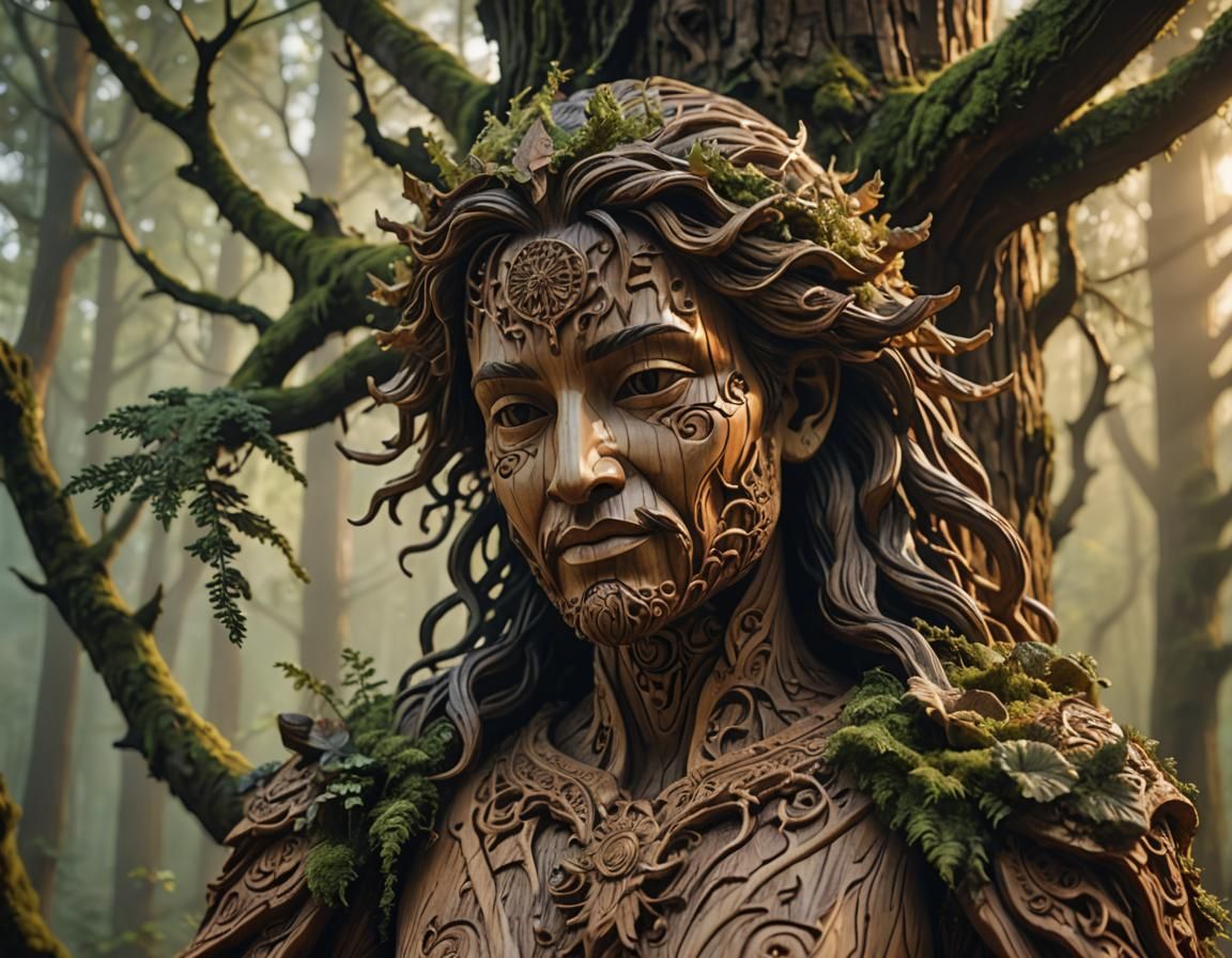 Intricate Wood Carving in Forest, Oil Painting Style