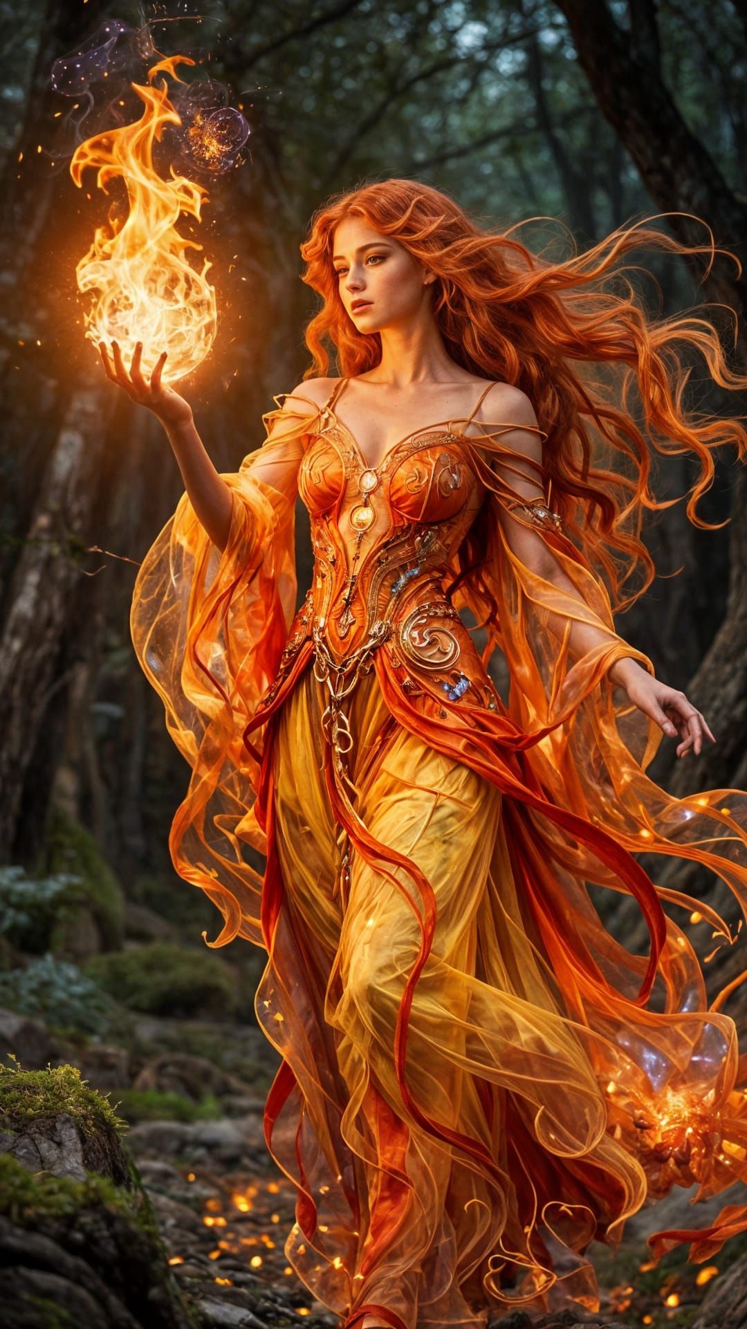 Fire Sorceress Casting Spell in Art Nouveau Style