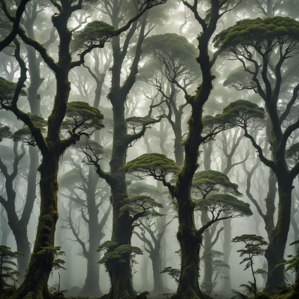 Mysterious Forest with Ancient Trees and Mist