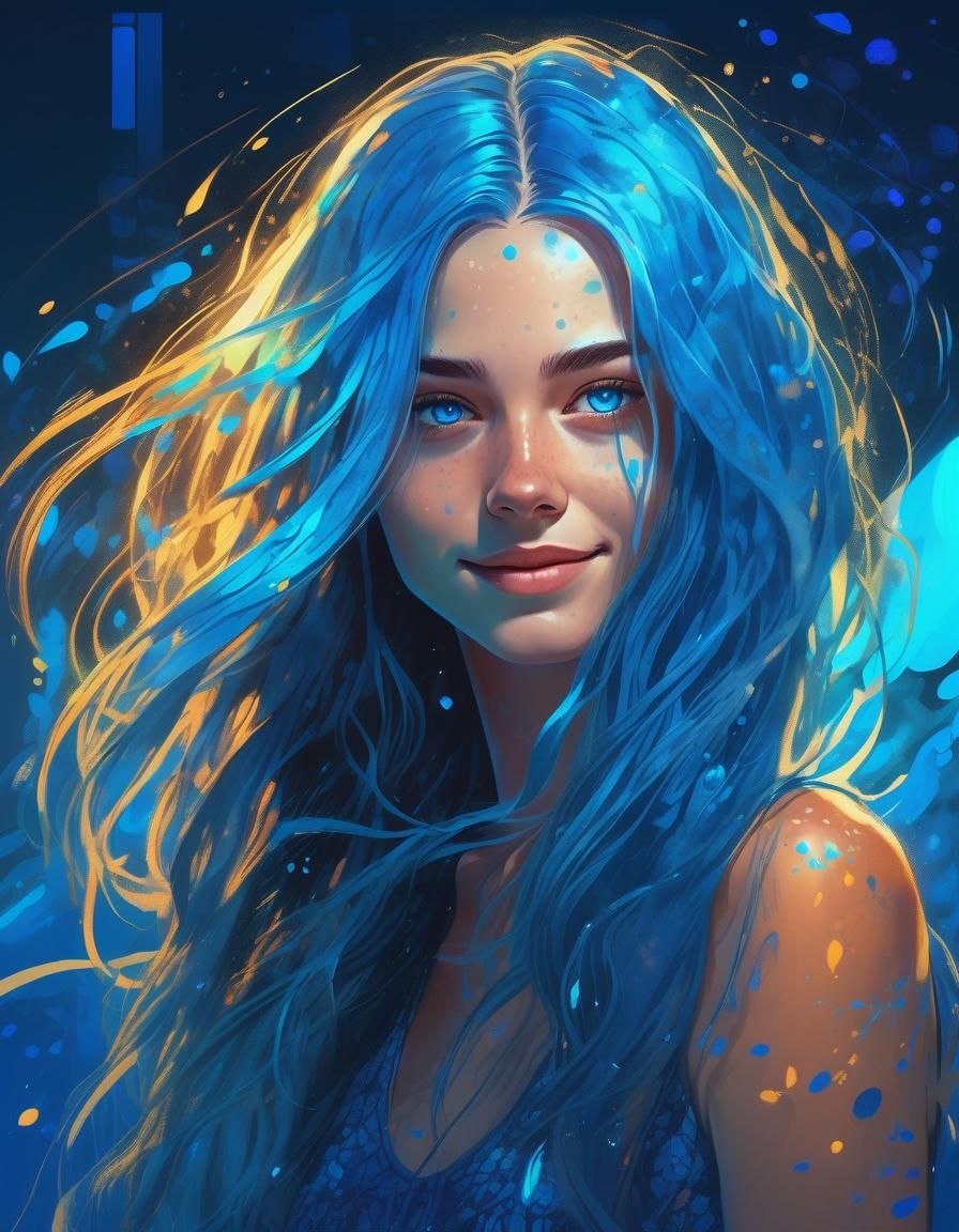Blue-Haired Woman Portrait in Hyperrealistic Splash Art