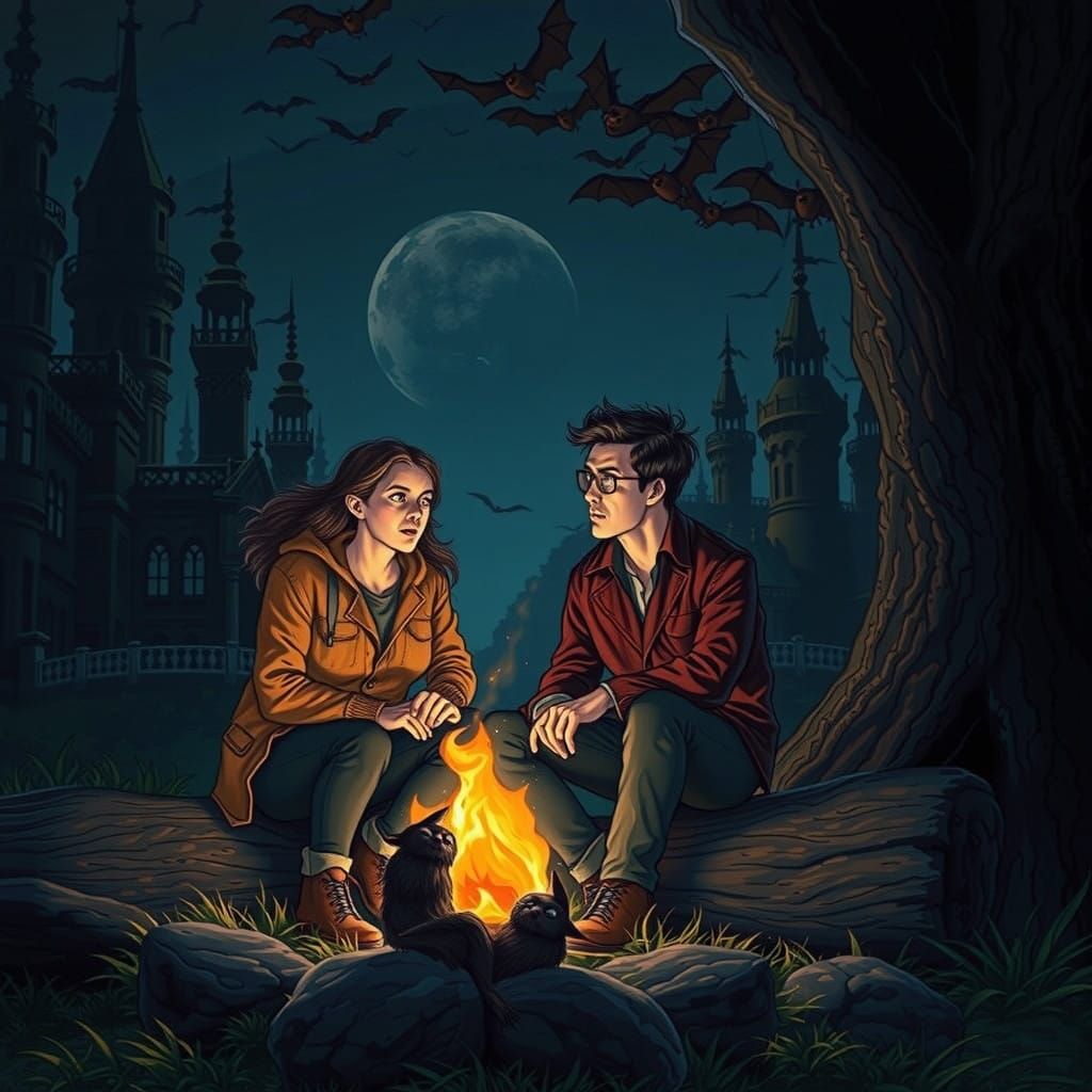 Eerie Young Man Faces Gothic Mansion Under Dark Moonlight