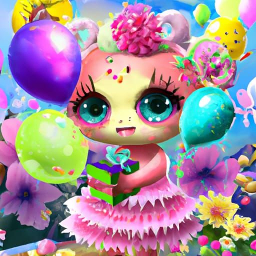 Cute Pink Monster with Birthday Balloons