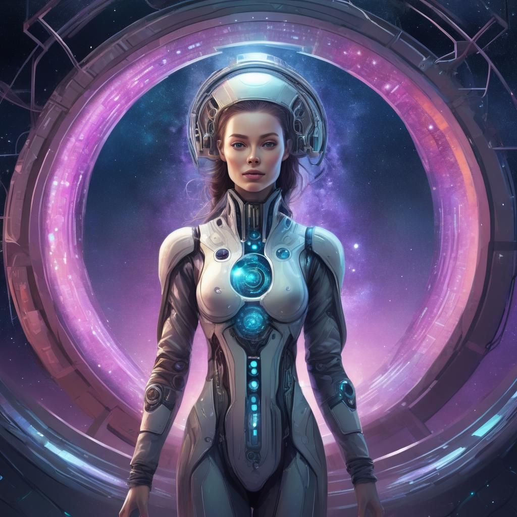 Futuristic Android Woman in Laboratory with Portal