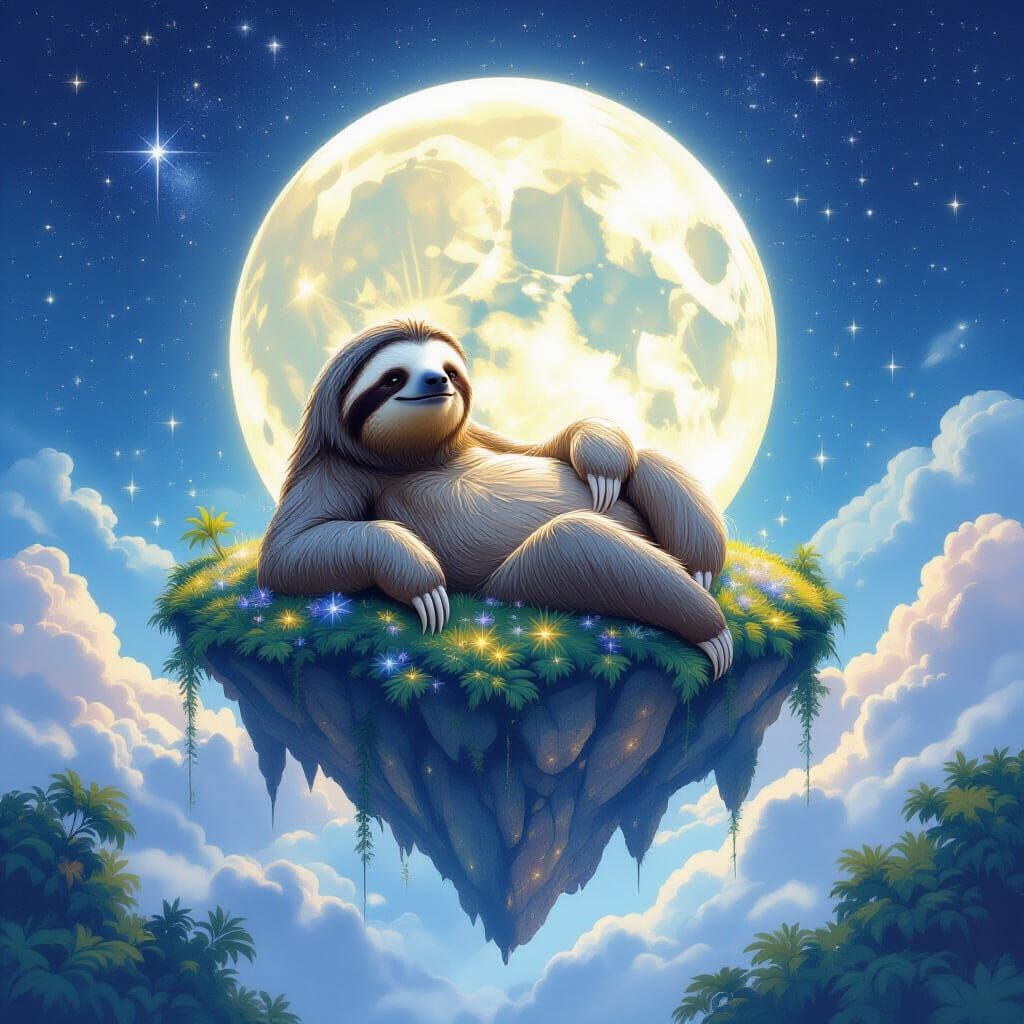 Giant Sloth Reclines on Moonlight Island in Starry Sky