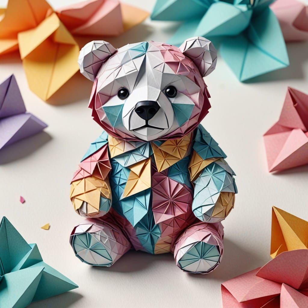Friendly Origami Bear Says Hi on Soft White Background