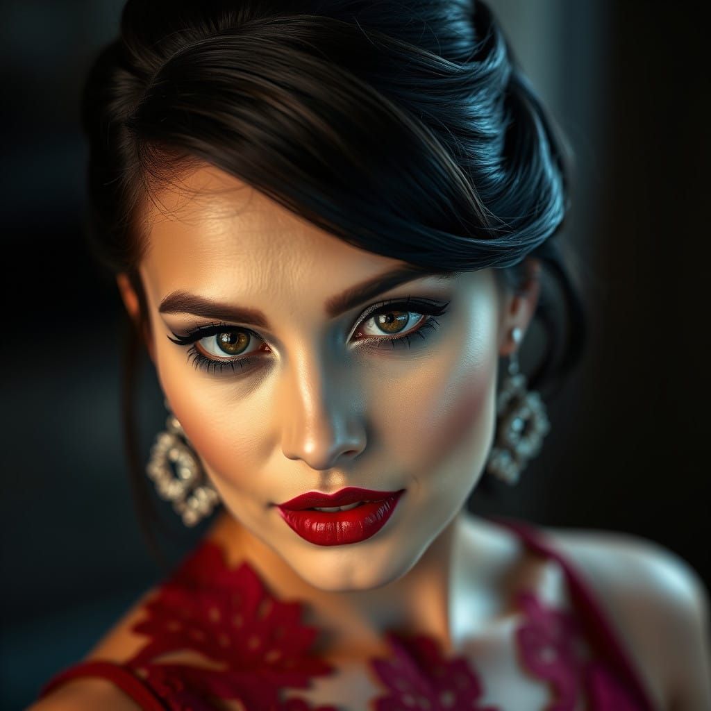 Elegant Red Lace Portrait of a Sophisticated Woman in Grey a...