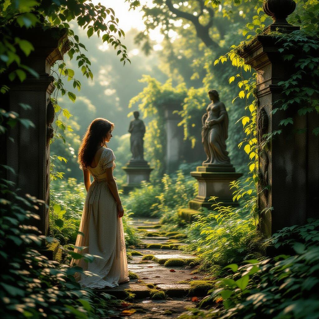 Woman in Ethereal Garden with Ancient Statues