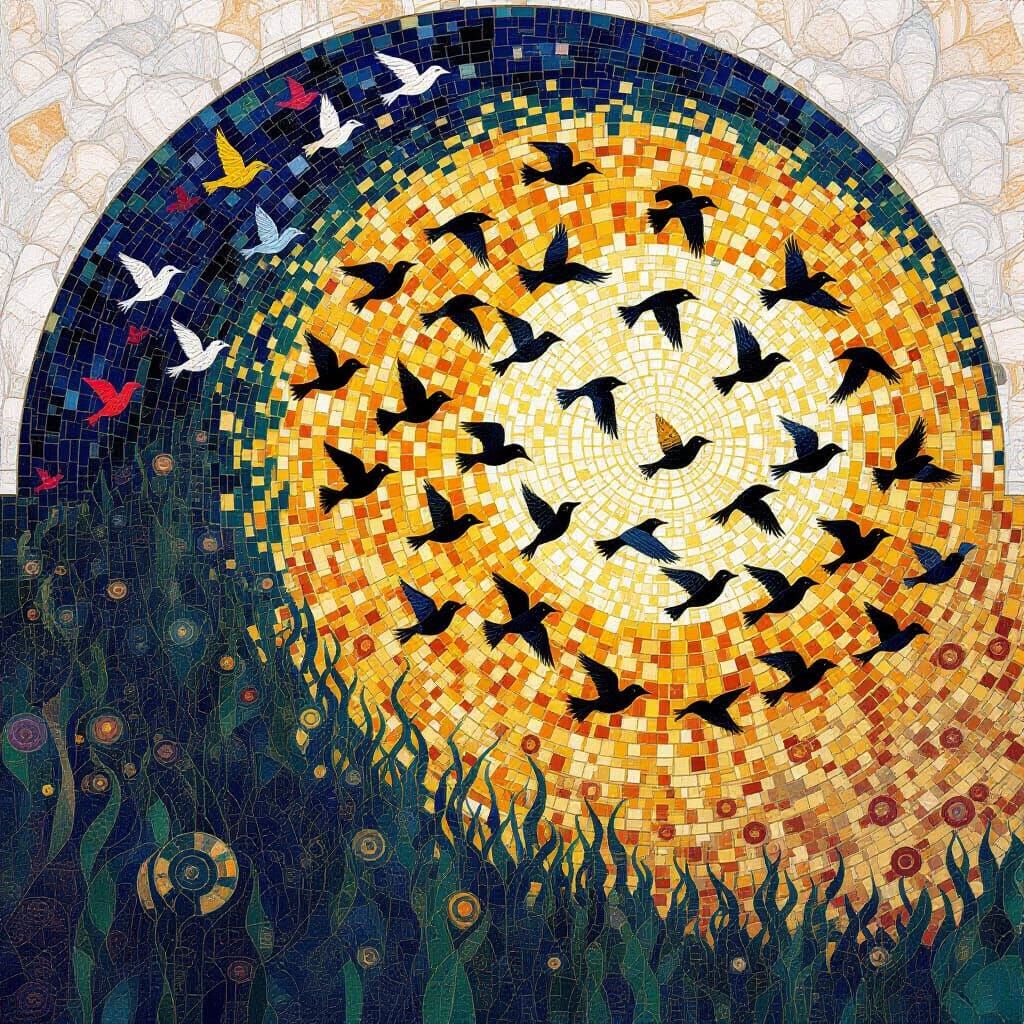 Klimt-Inspired Pixel Mosaic of Murmuration in Flight