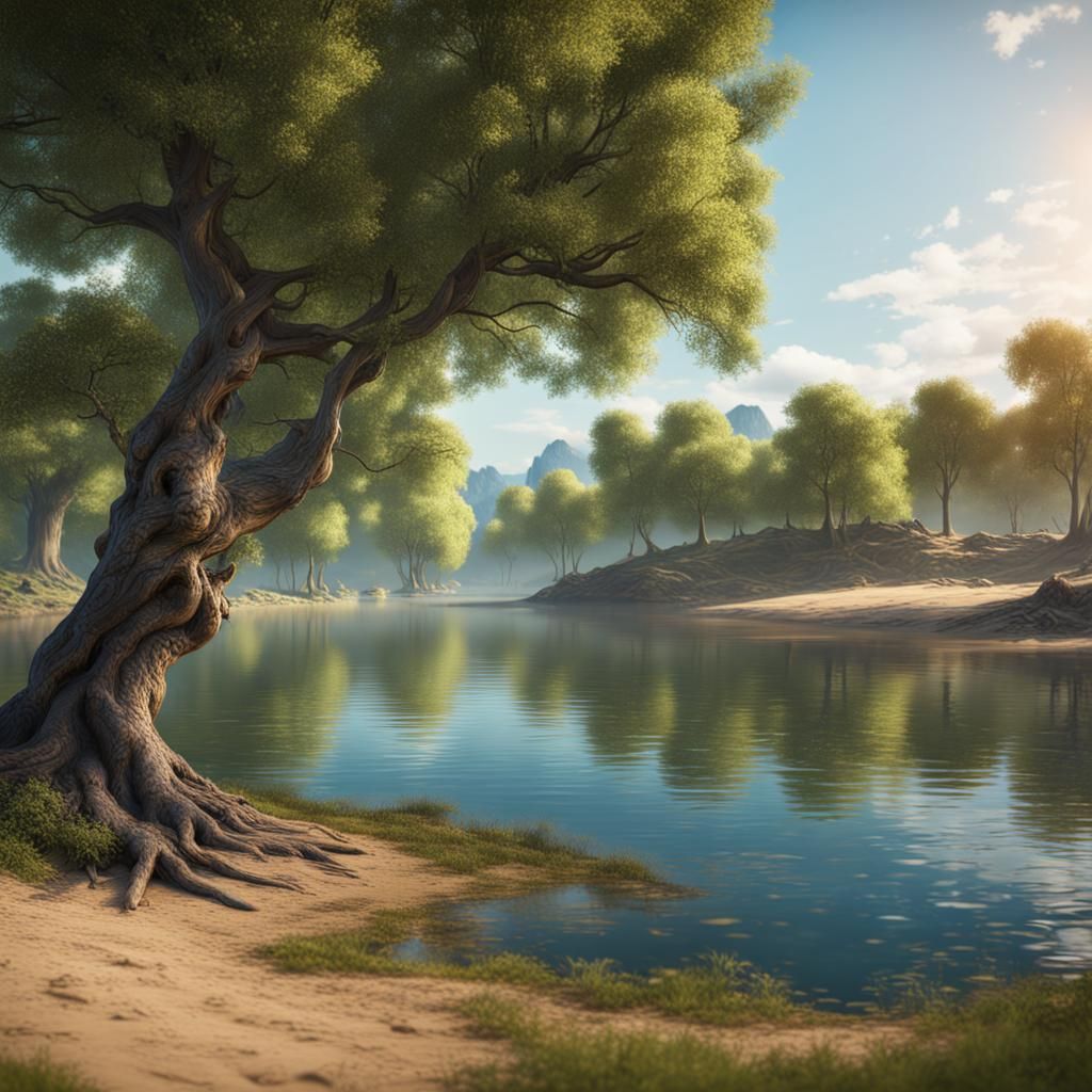 Idyllic Lakeside Scene with Greenery, Sand, and Trees