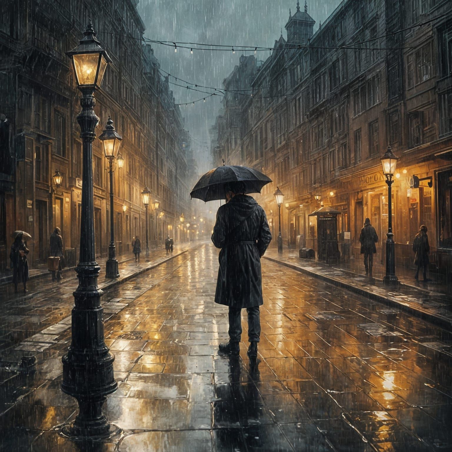 Rainy Night: Lonely Figure in Gouache Style