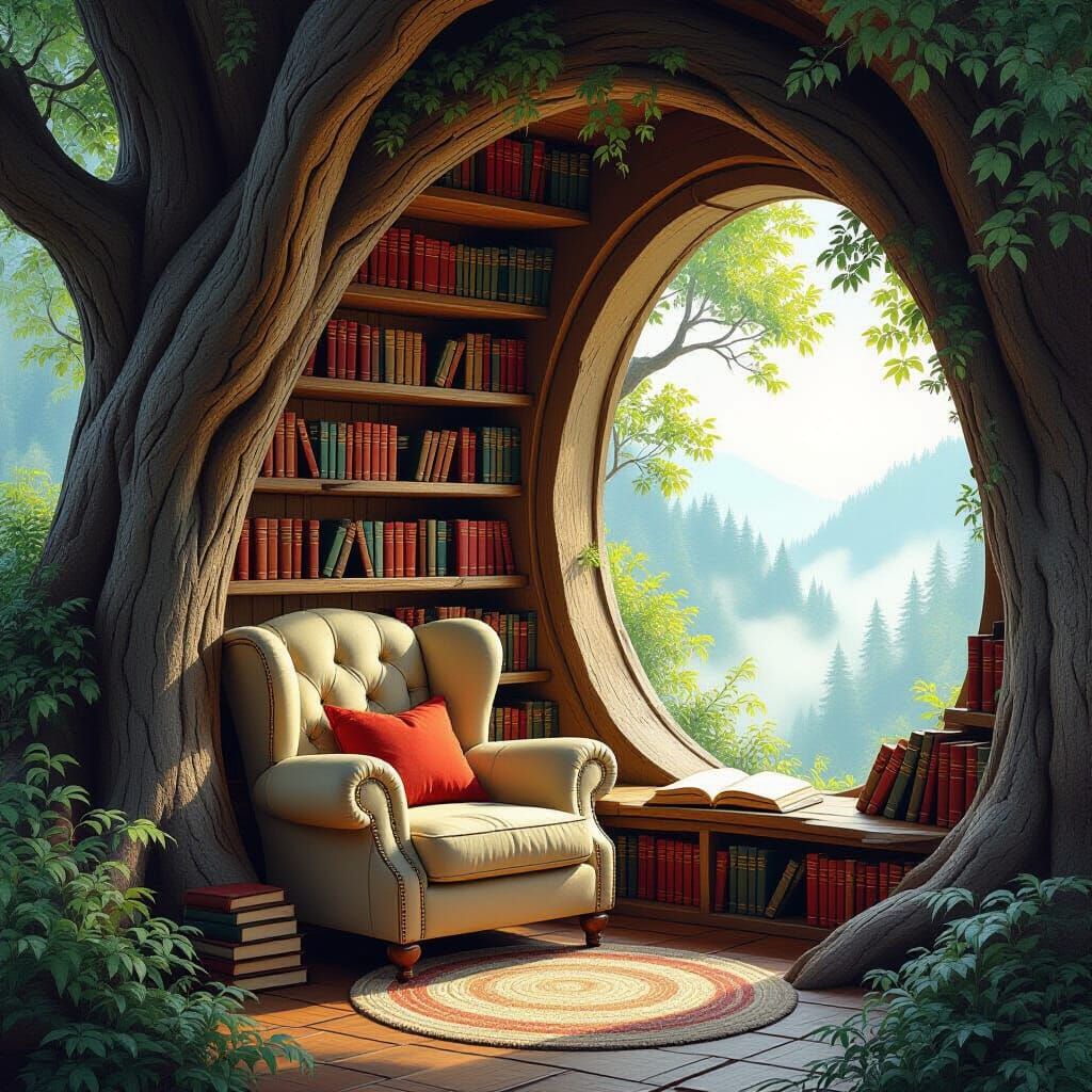 Cozy Reading Nook in Ancient Tree, Digital Art