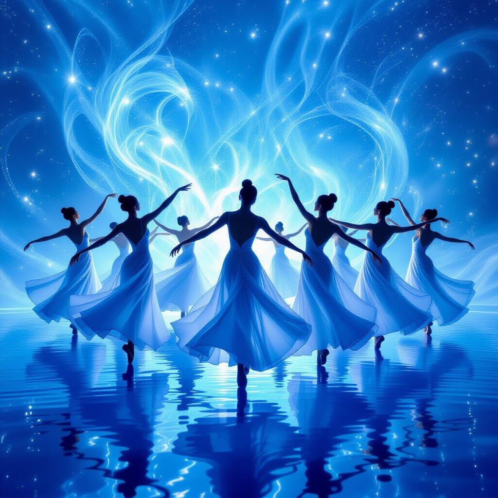 Ethereal Blue Water Ballerinas in Luminous Nebula