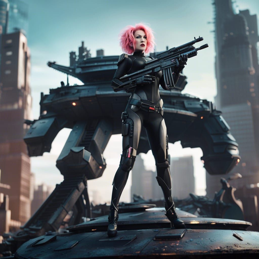 Futuristic Robot Cyndi Lauper in City Ruins