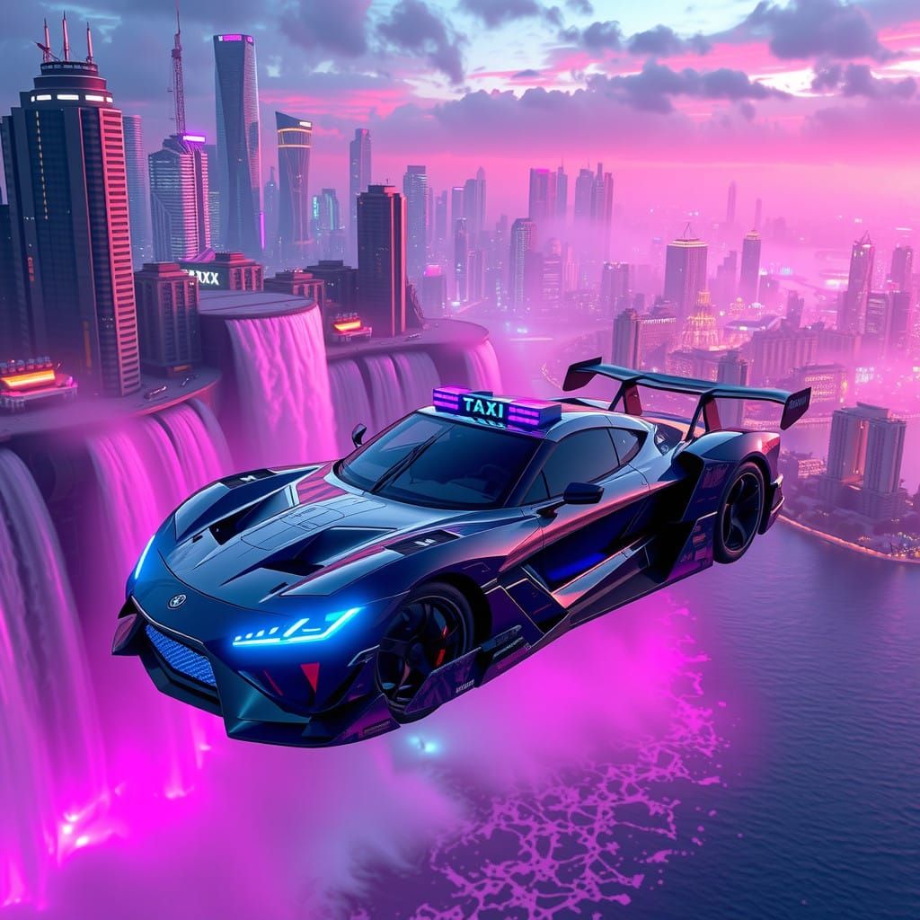 Cyberpunk Taxi Soars Above a Futuristic Metropolis
