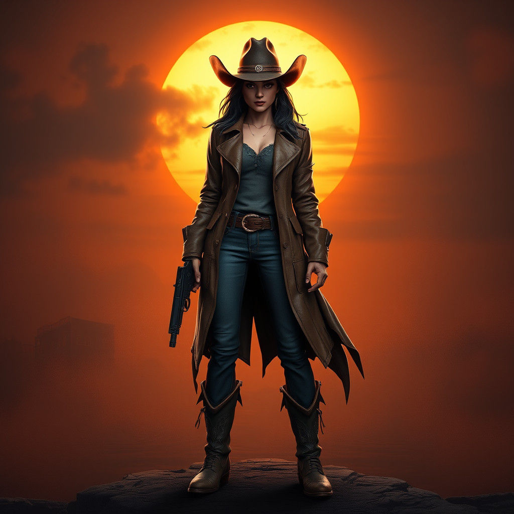 Confident Cowgirl Outlaw in Spaghetti Western Sunset