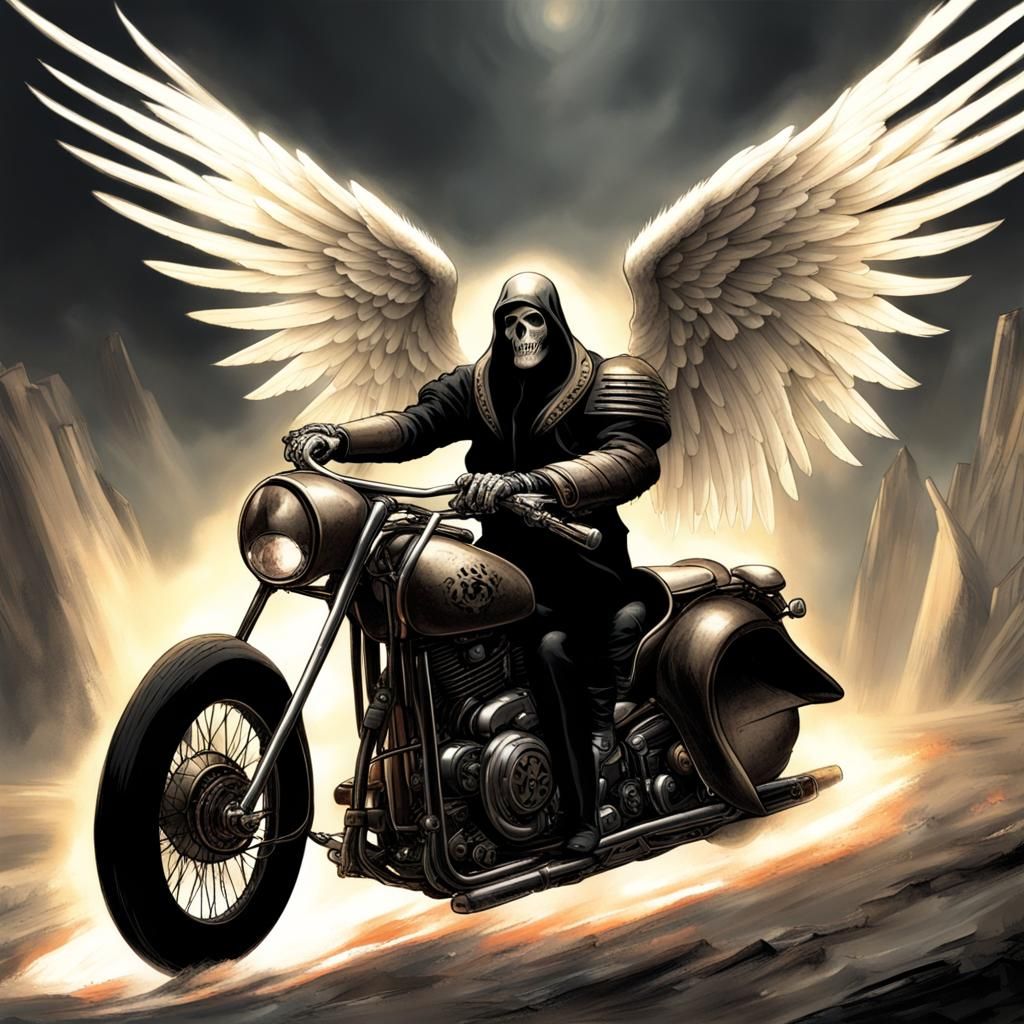 Angel of Death on Aether-Powered Motorcycle