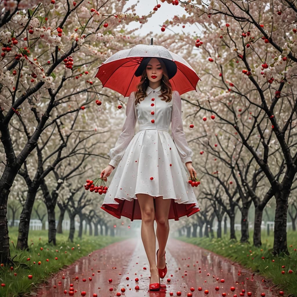 Cherry Orchard: Woman in Cherry Hat with Red Rain