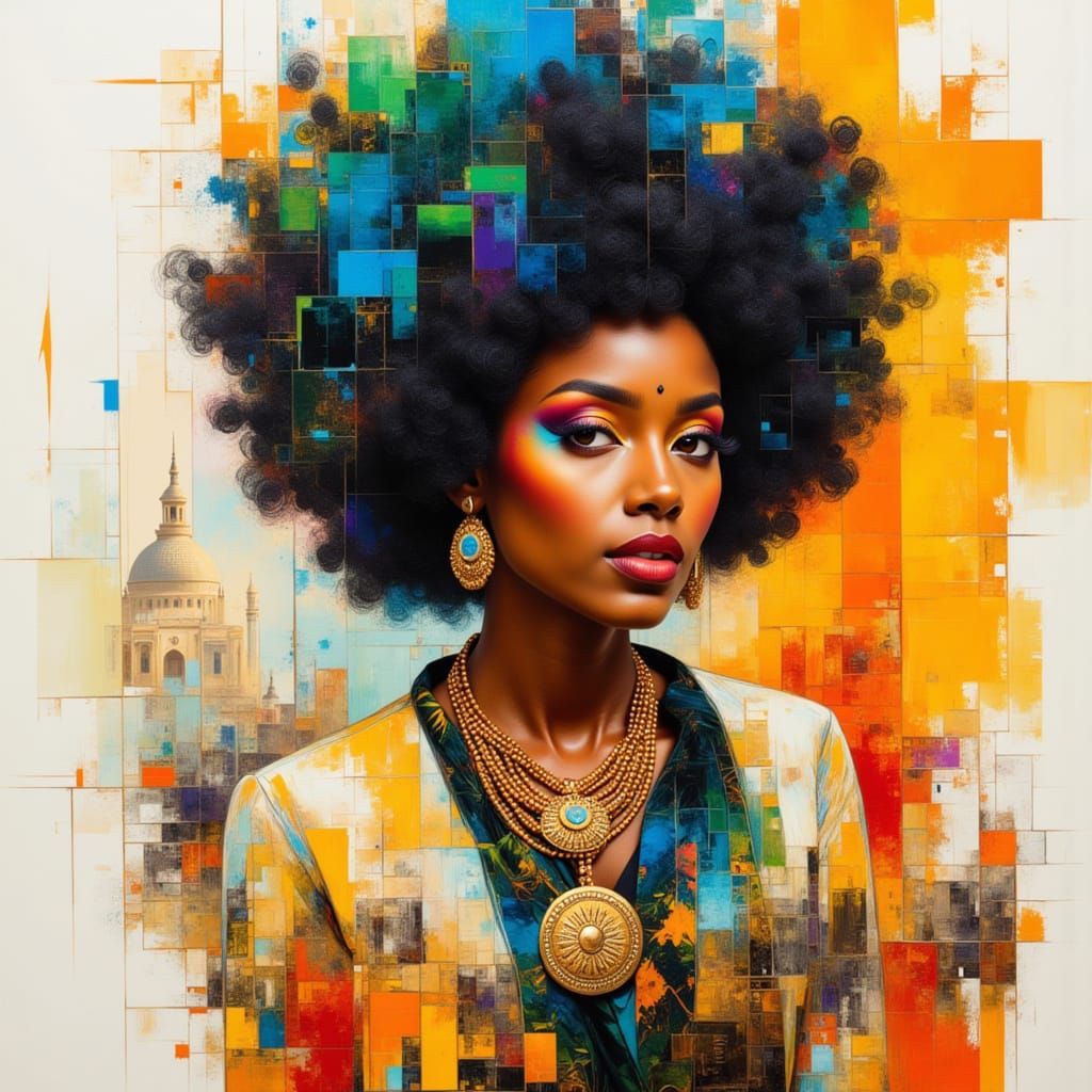 Elegant Portrait with Cityscape Overlay in Mixed Media Style