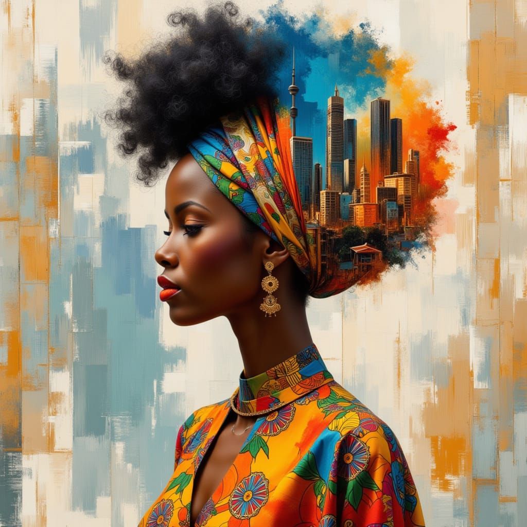 Black Woman in Cityscape Collage with Klimt Patterns