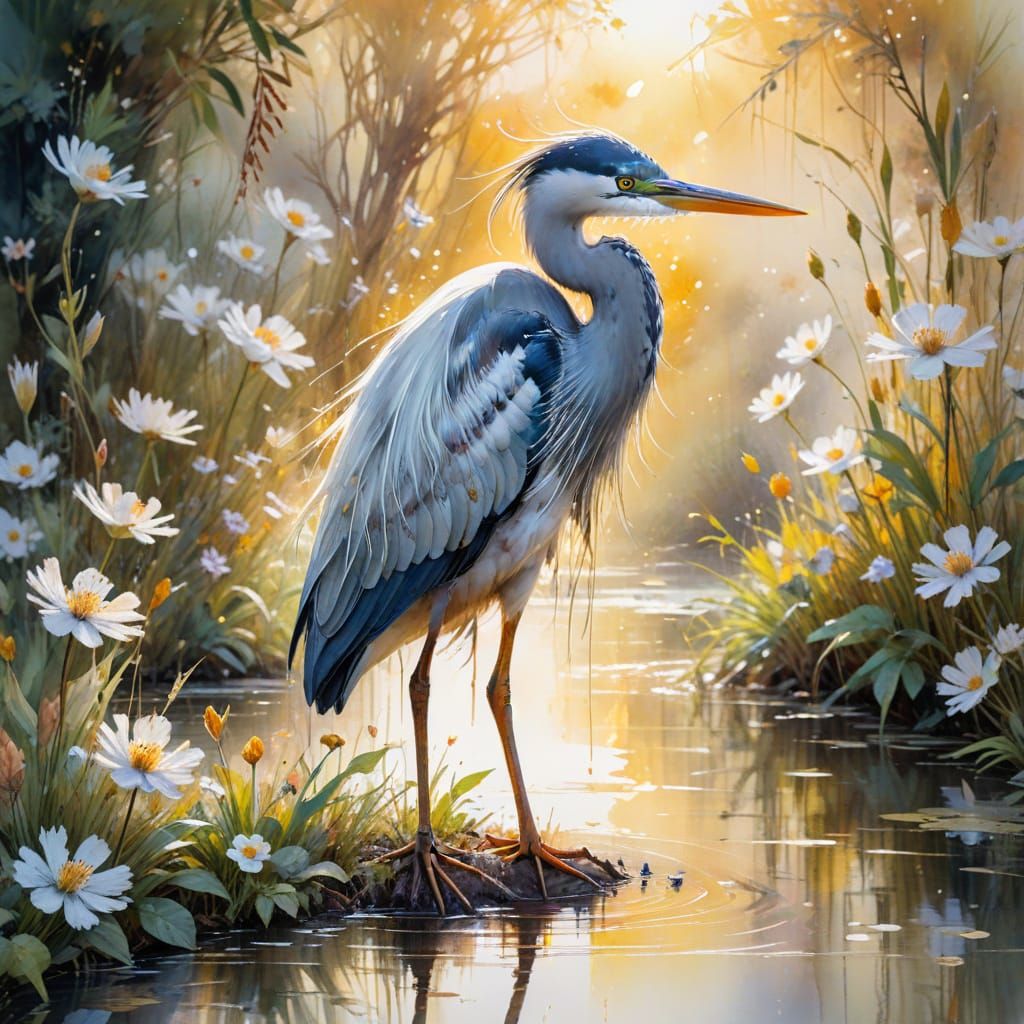Playful Heron in Watercolor River Garden