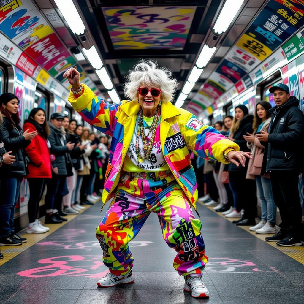 Elderly Women Breakdancing in Subway, Street Art