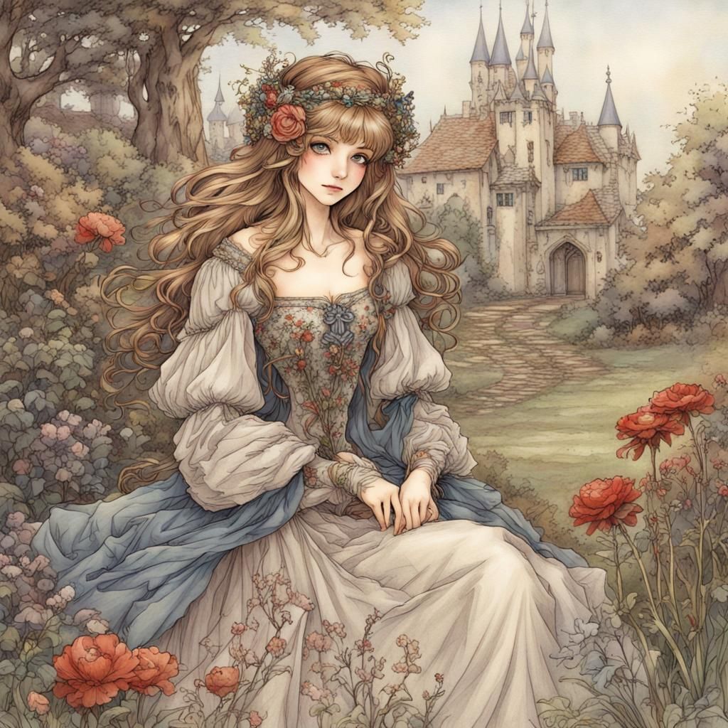 Medieval Maiden in Fairytale Garden, Anime Style