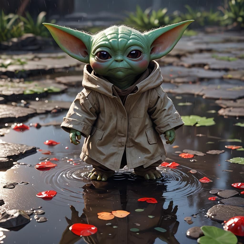 Baby Yoda in Red Puddle: 3D Anime Art