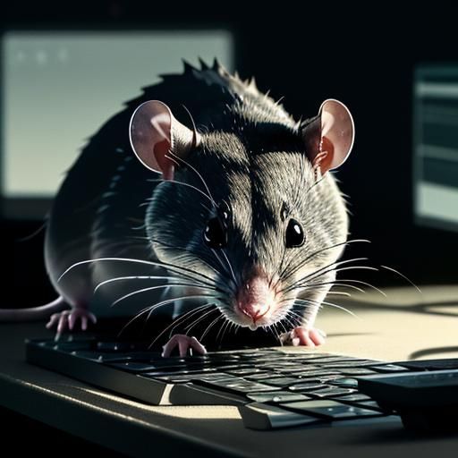 Hyperrealistic Rat on Keyboard with Knife