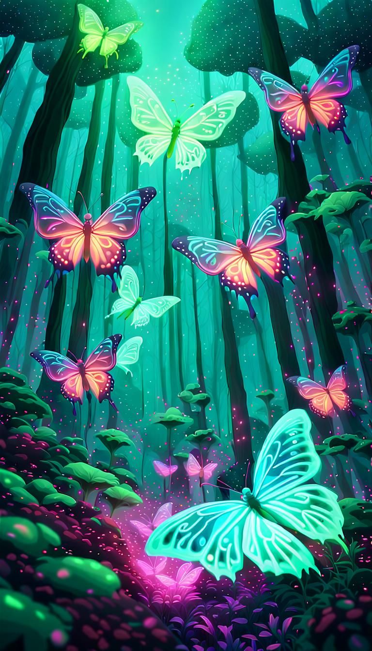 Green Butterflies Fluttering Around a Neon Flower