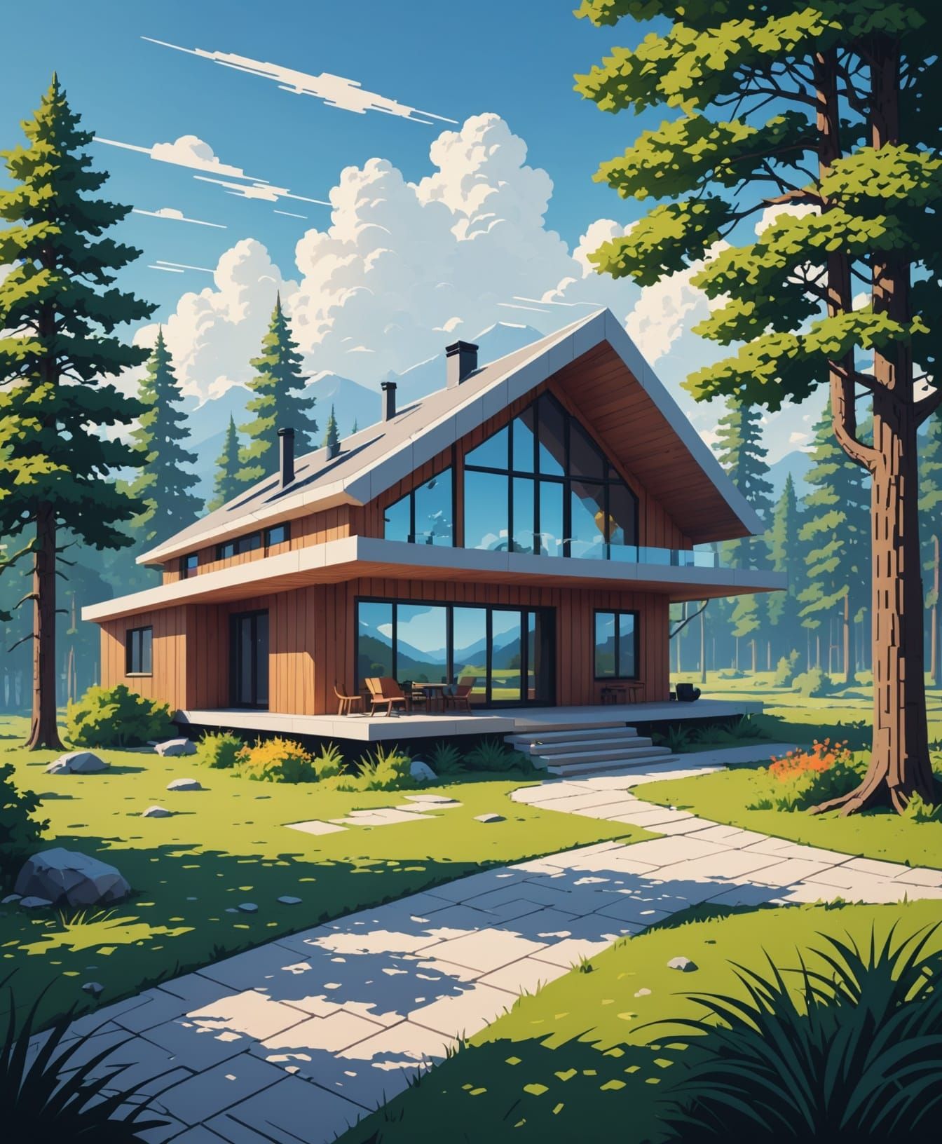Futuristic Country Cabin in 16-Bit Pixel Art Style