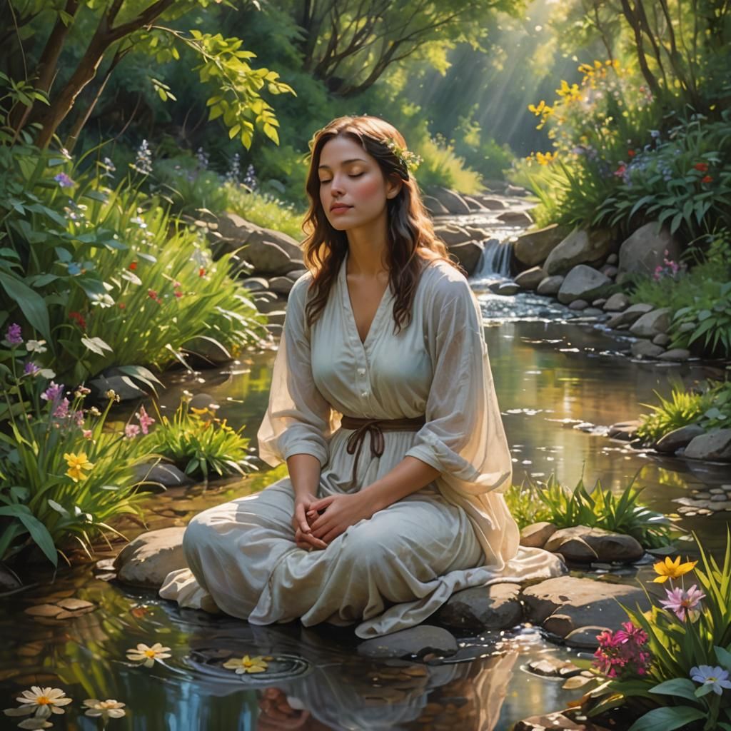 Serene Woman Meditating by Stream in Surreal Style