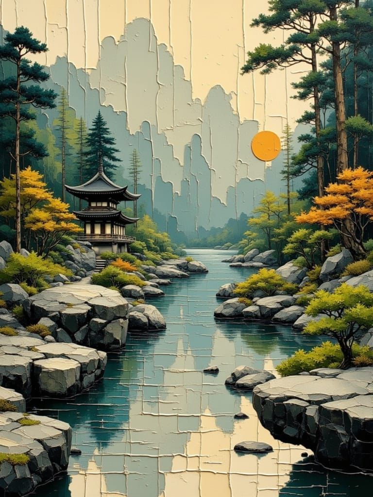 Serene Japanese Zen Garden in Vintage Oil Style