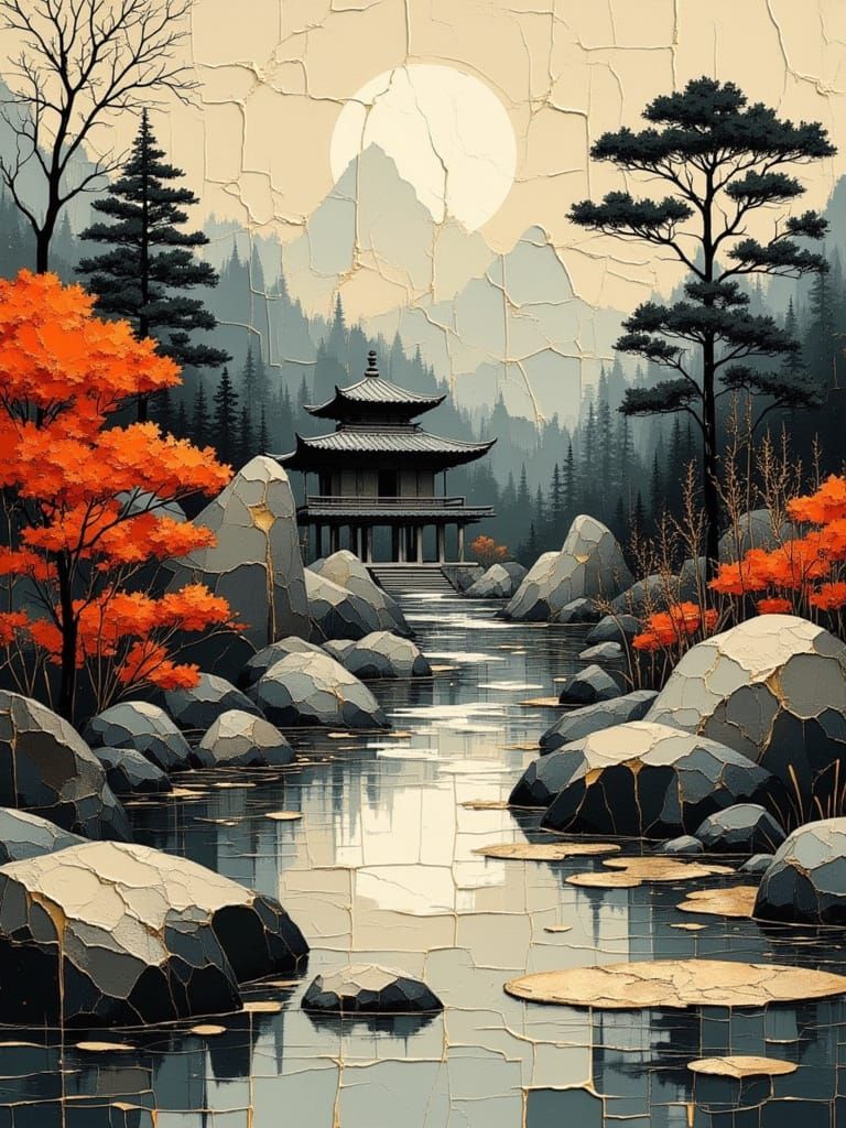 Serene Japanese Zen Garden in Vintage Oil Style