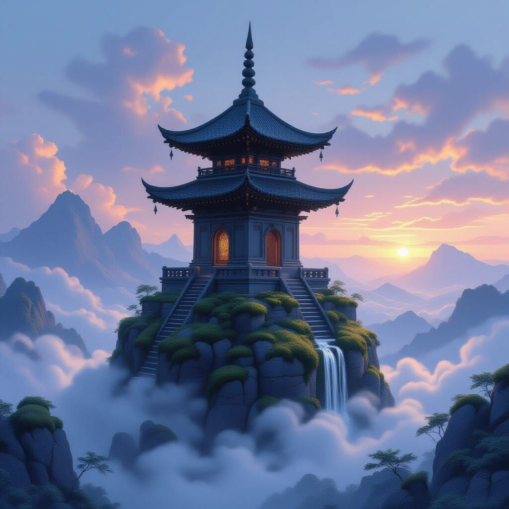 Ancient Temple on Floating Lantern in Twilight Sky