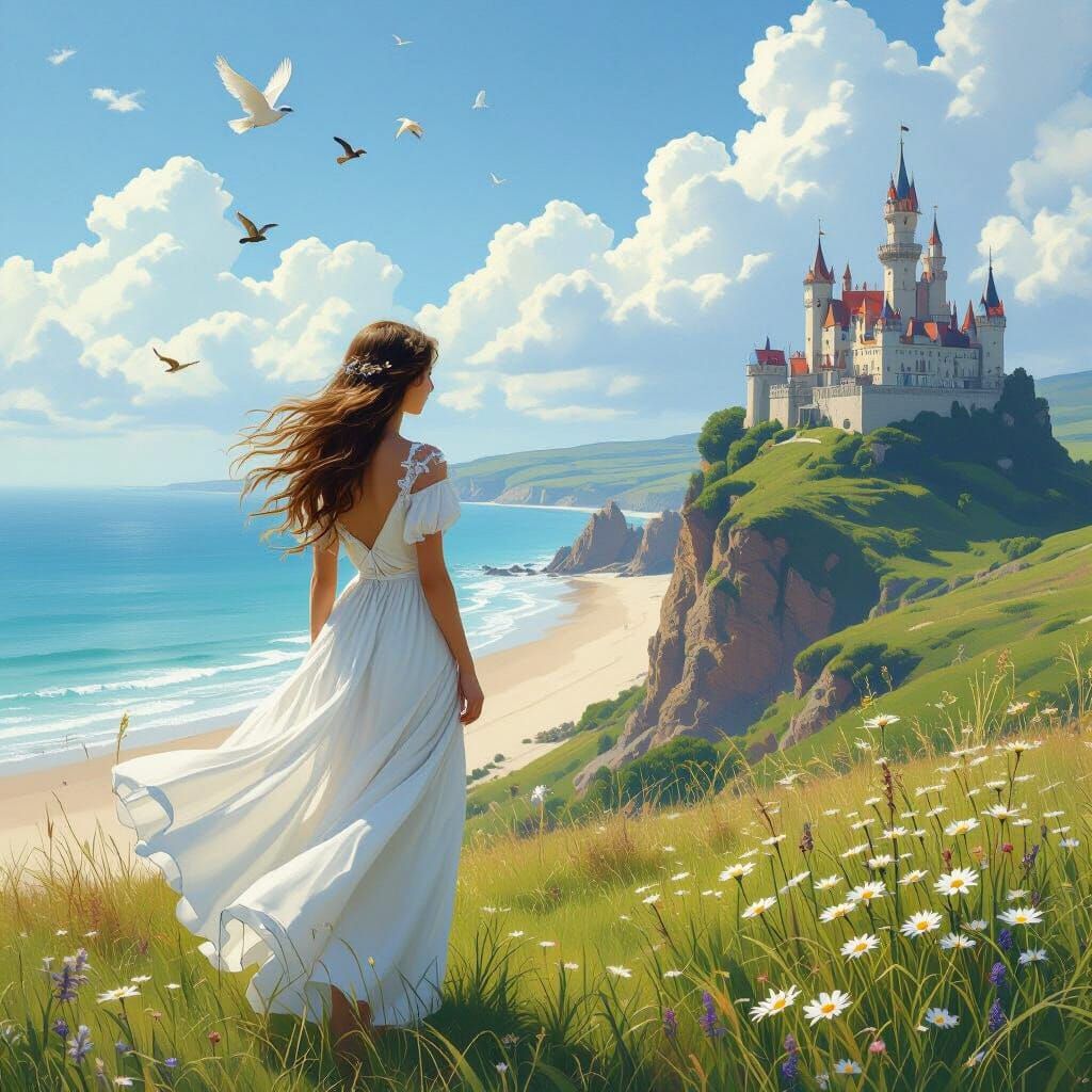 Woman Overlooking Beach Castle in Ethereal Landscape
